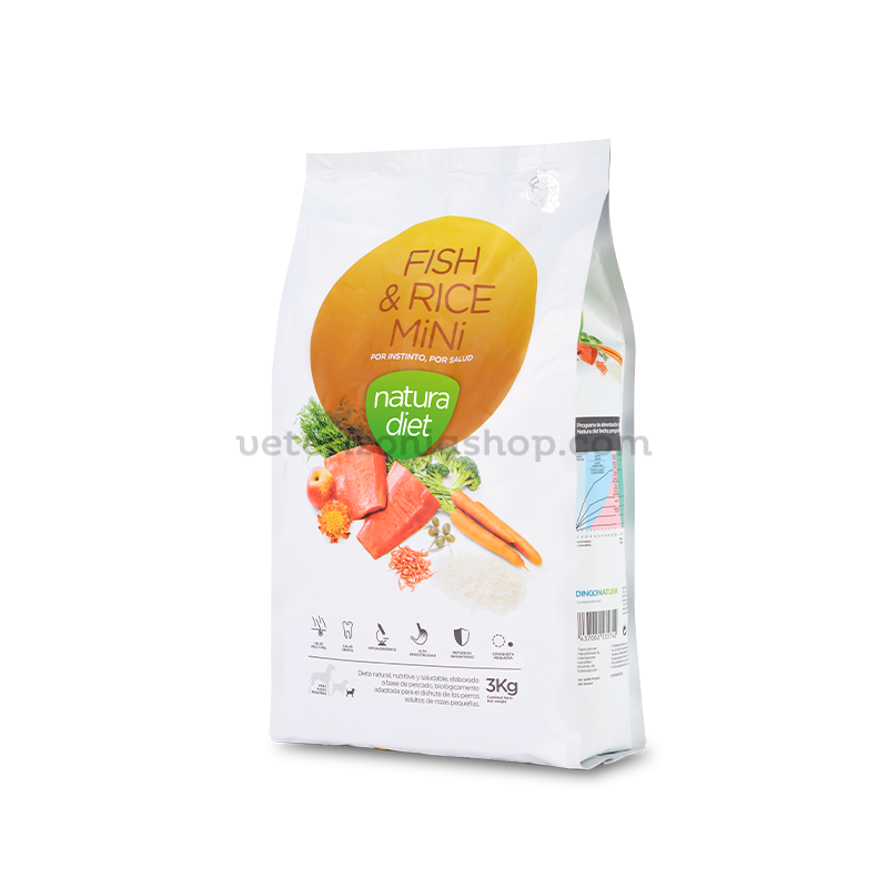 Natura Diet Fish & Rice Mini – envase oficial Saco de Natura Diet Fish & Rice Mini