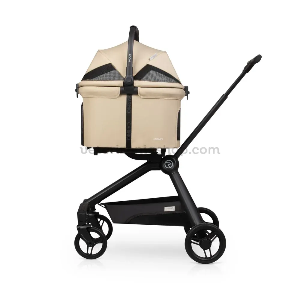 Carrito Urban Luxe Beige vista lateral con cesta elevada para mascotas