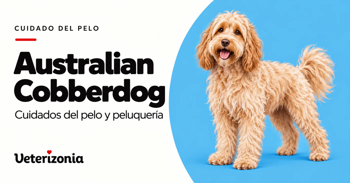 Ilustración de un Australian Cobberdog en una portada sobre cuidados del pelo y peluquería.