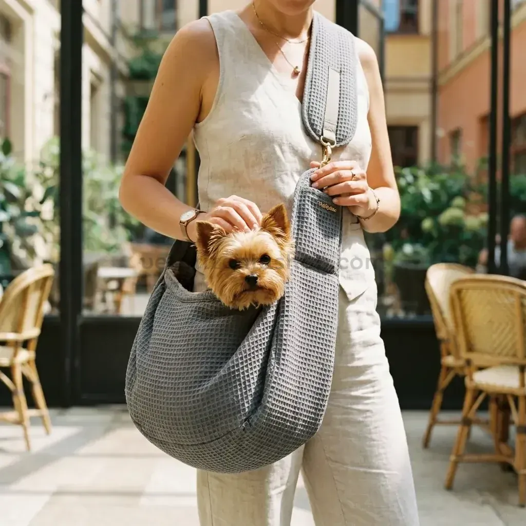 Bandolera gris para transportar perro pequeño en paseo