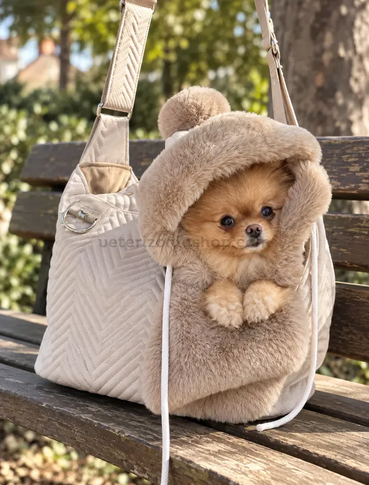 Bolso transportín para perro pequeño beige con manta extraíble en uso