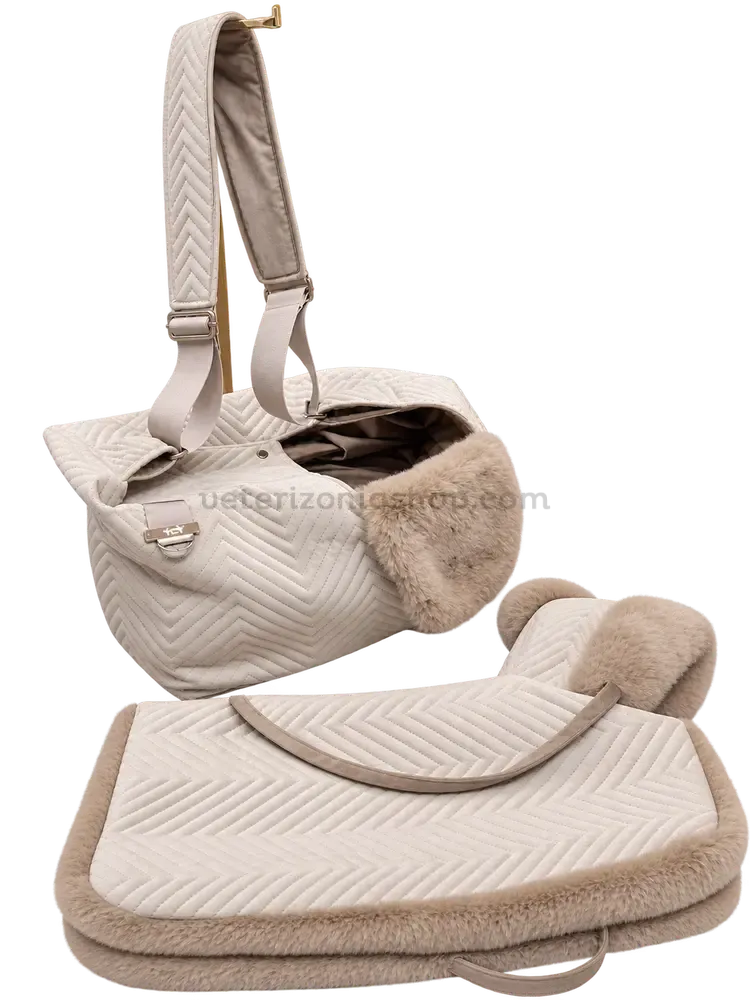 Bolso transportín para perro pequeño beige con manta y capucha extraíble