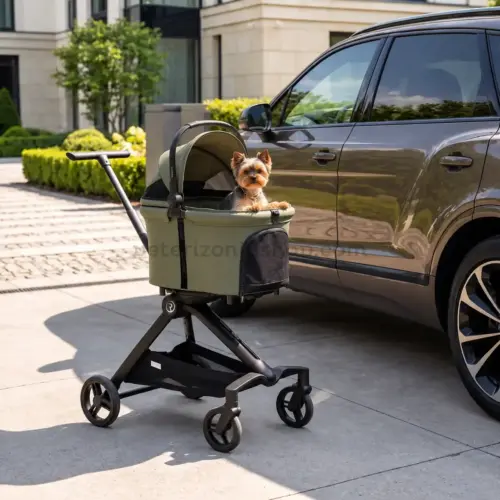 Perro pequeño en un carrito verde oliva Urban Luxe durante una salida