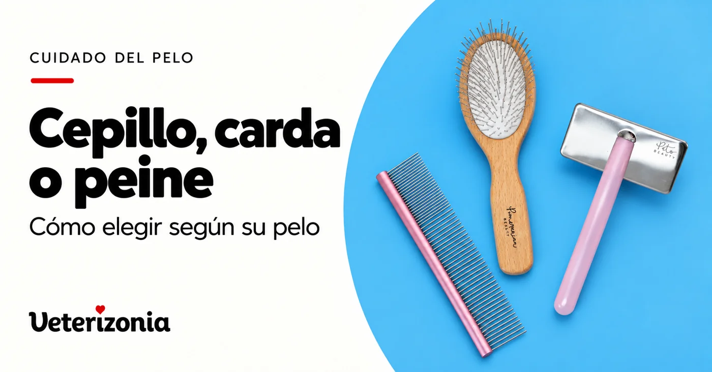 Bodegón con peine metálico rosa, cepillo de madera y carda para el cuidado del pelo del perro.