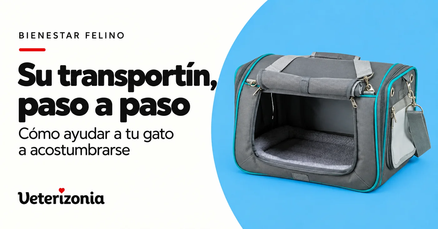 Gato junto a un transportín abierto de color gris y turquesa.
