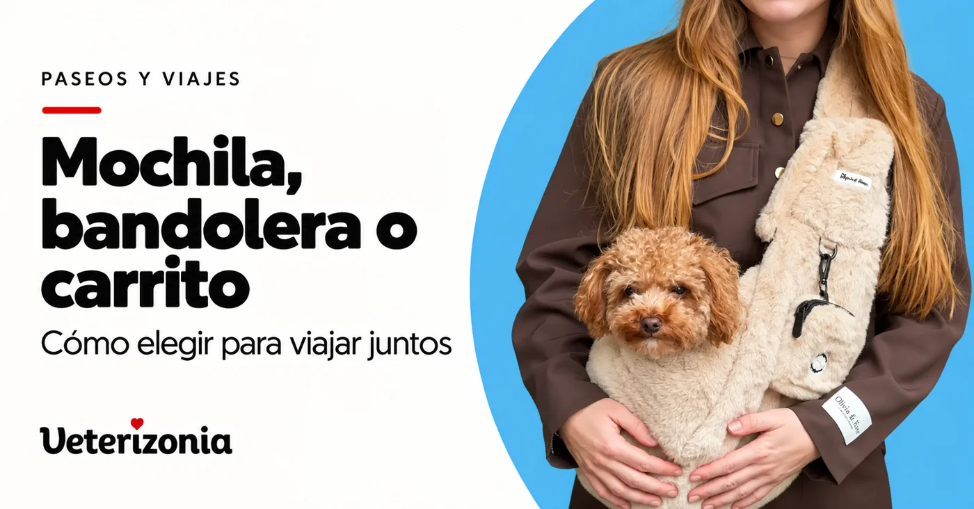 Mujer llevando un perro pequeño en una bandolera de color crema.