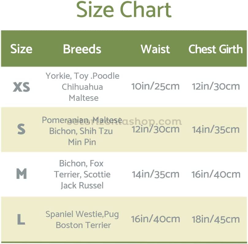 Tabla oficial del vestido Fitwarm: tallas XS a L con medidas de cintura y pecho en centímetros