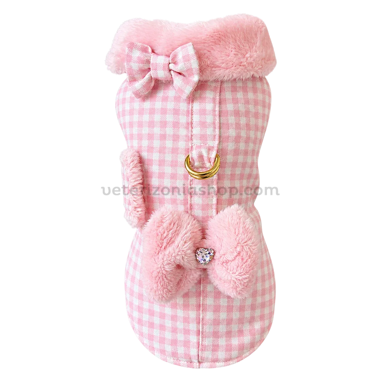 Abrigo arnés Vichy rosa con cuello de pelo y lazos Abrigo arnés para perro de cuadros Vichy rosa y blanco, con cuello de pelo, dos lazos y anillas doradas.