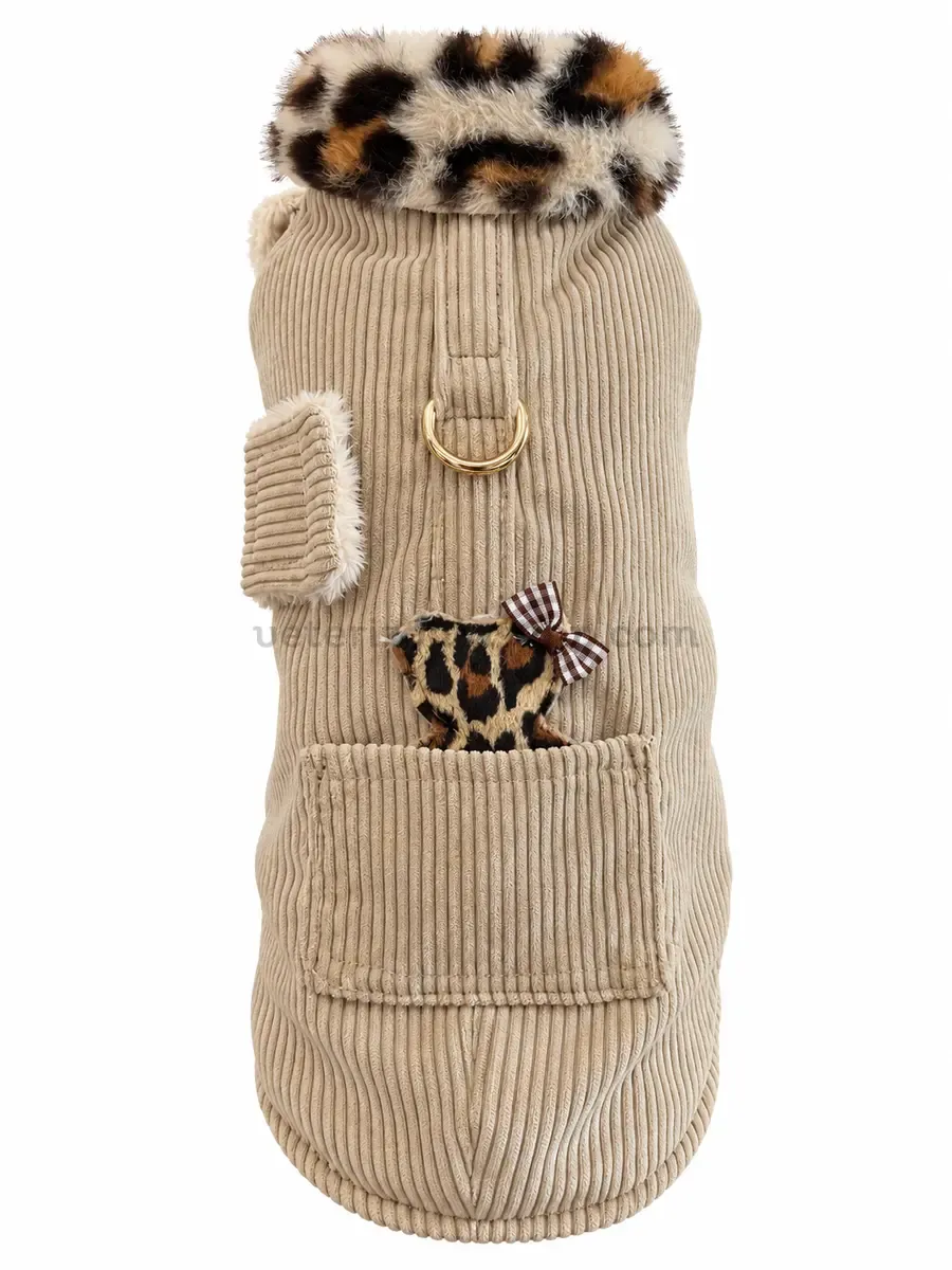 Abrigo arnés beige con osito y cuello de leopardo Abrigo arnés beige con osito y cuello de leopardo
