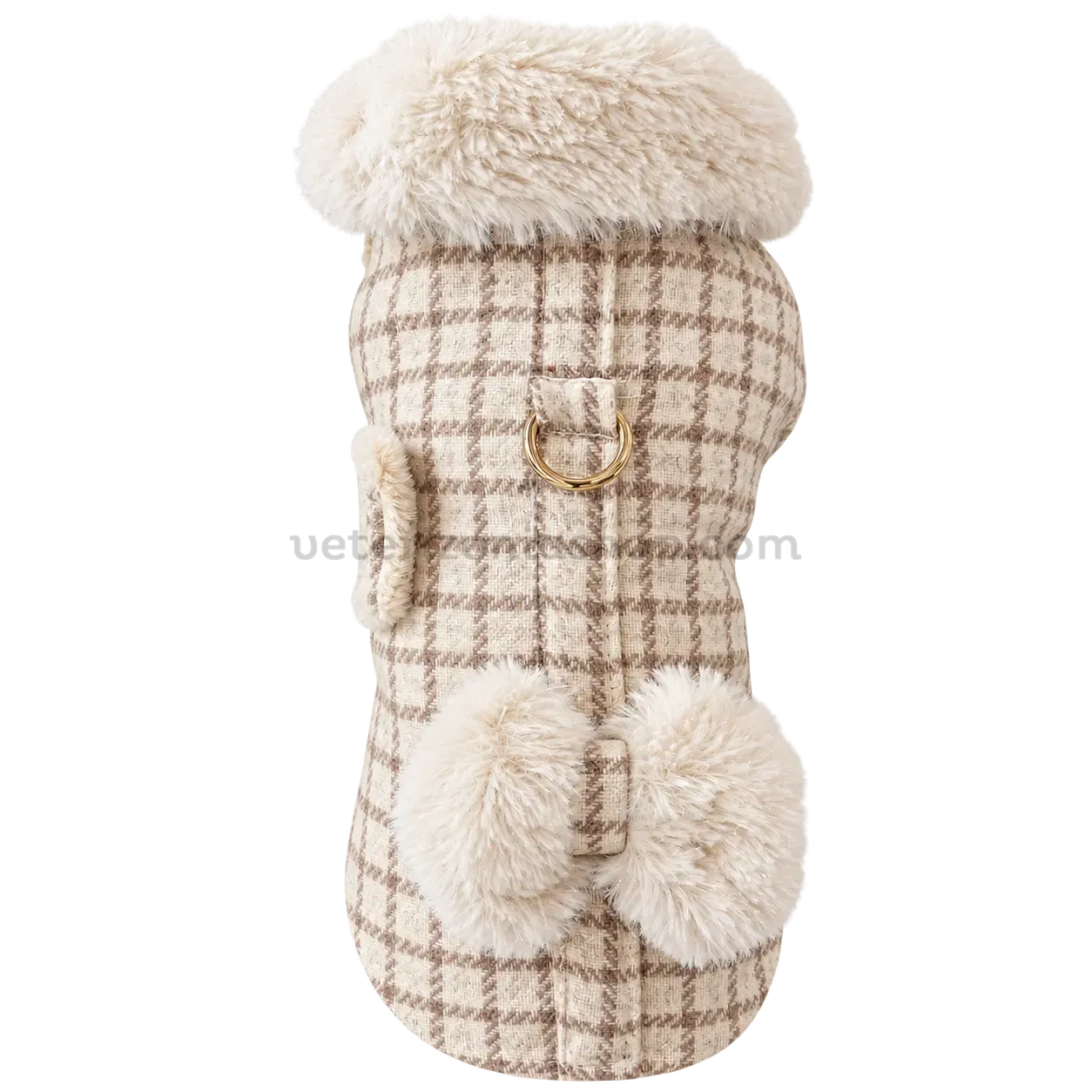 Abrigo arnés de cuadros beige y crudo con lazo Abrigo arnés para perro de cuadros beige y crudo, con cuello de pelo, lazo a juego y anilla dorada