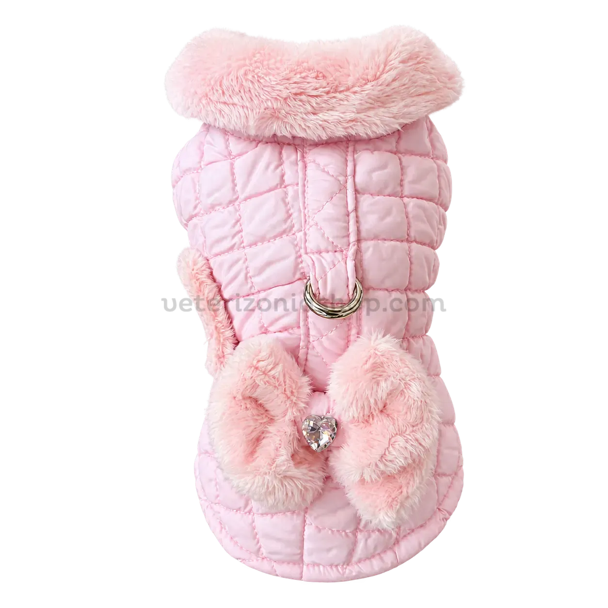 Abrigo arnés rosa de nylon acolchado con lazo Abrigo arnés para perro de nylon rosa acolchado en rombos, cuello de peluche rosa, anillas metálicas y lazo con corazón