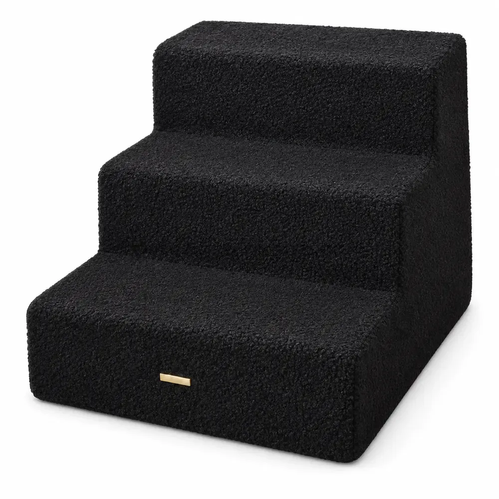 Escalera Teddy negra de tres peldaños Escalera Teddy negra de tres peldaños para perros, completa sobre fondo blanco