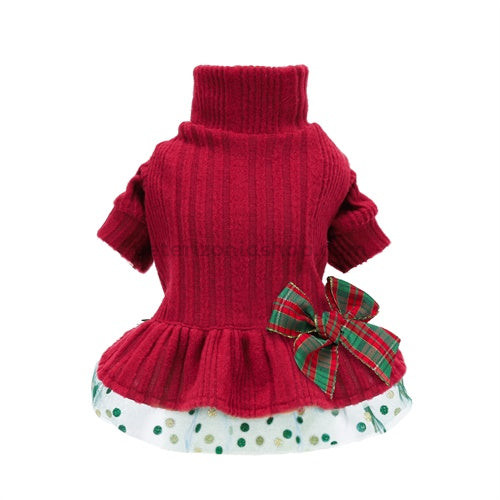 Vestido navideno Fitwarm rojo punto tul lazo - prenda completa Vestido navideño Fitwarm de punto rojo con cuello alto, tul y lazo de cuadros