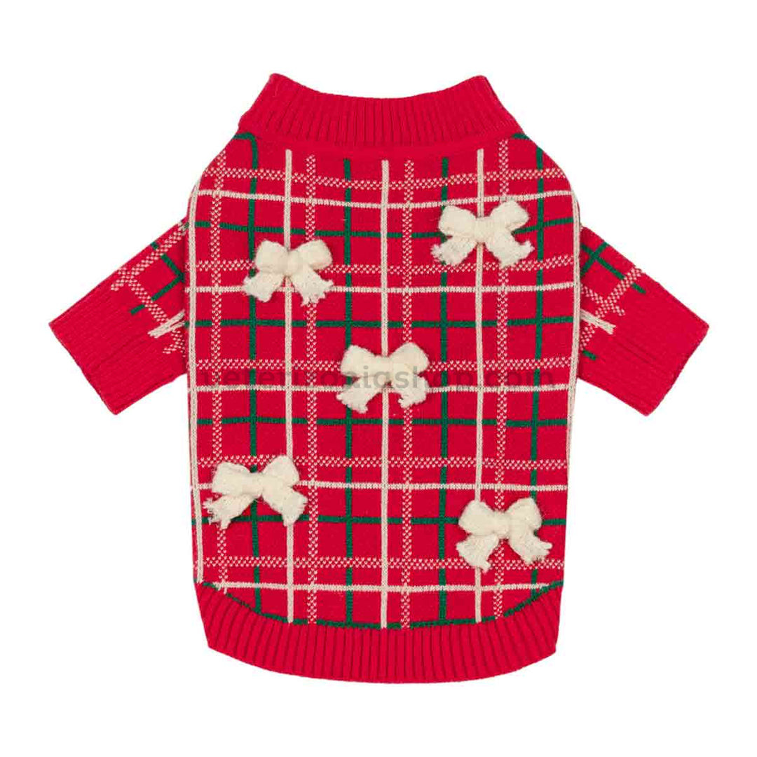 Jersey navideño Fitwarm rojo de cuadros con lazos para perros