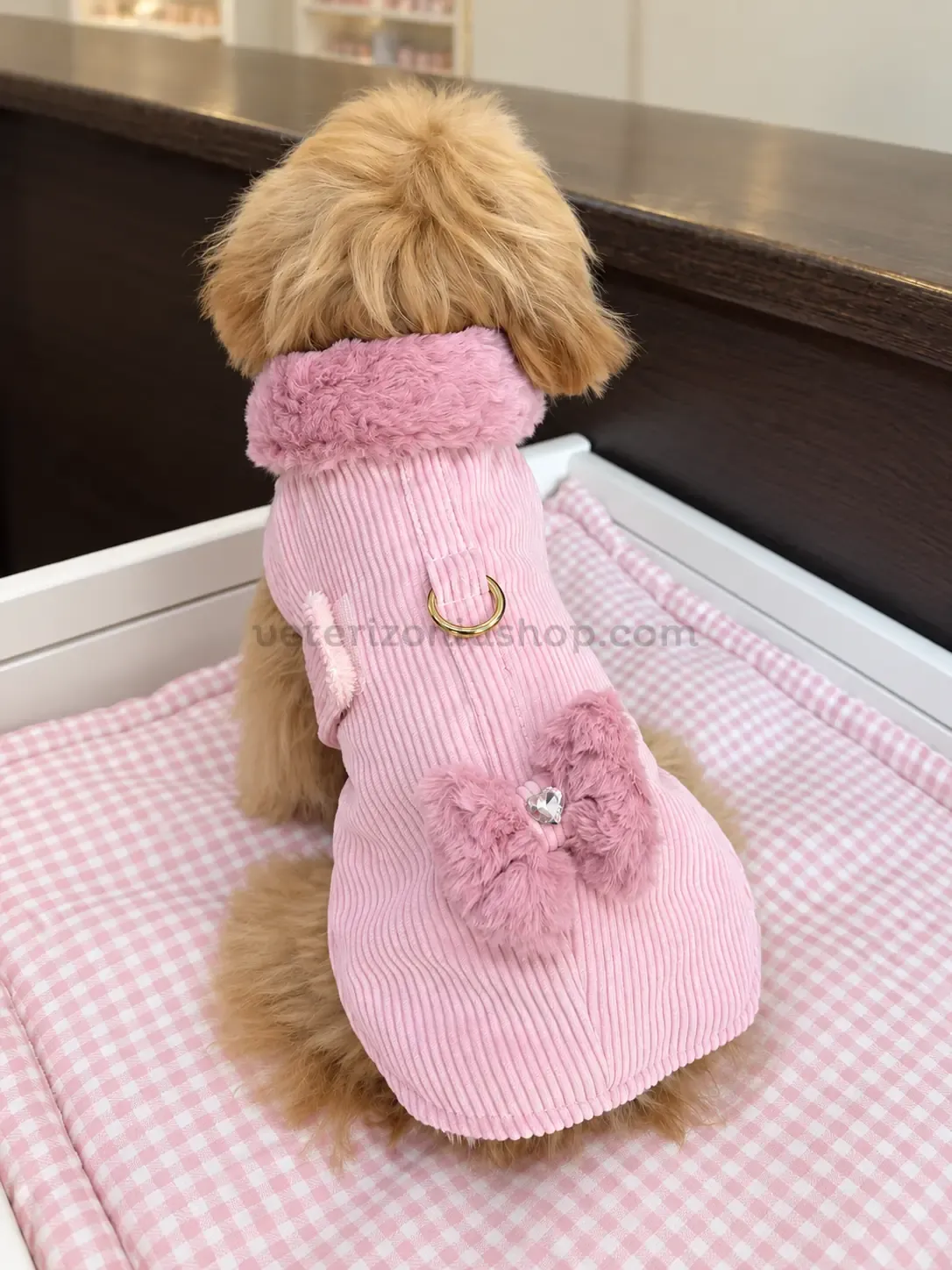 Perrito de espaldas con abrigo arnés rosa de micropana, cuello de pelo, anilla dorada y lazo con corazón