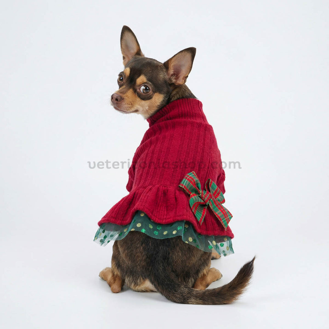 Perro pequeño con el vestido navideño Fitwarm rojo de tul y lazo