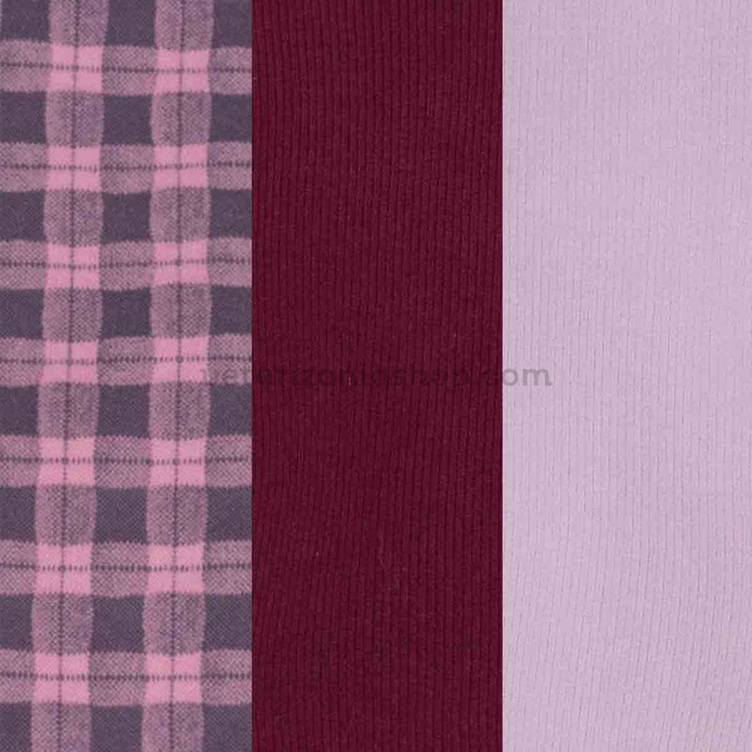 Detalle de los tres tejidos del pack Fitwarm Plaid-Darkred-Thistle